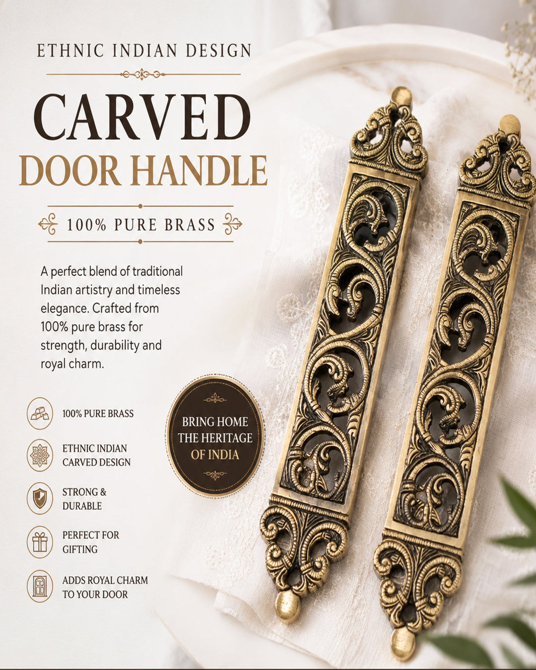  Brass door handles with decorative patterns on a white background, featuring text about their design and material.