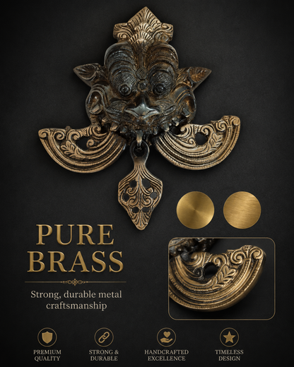 An ornate brass door knocker with a lion head design, shown on a dark textured background with promotional text and inset detail views.