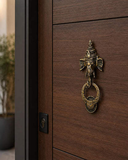 Decorative brass door knocker on a wooden door