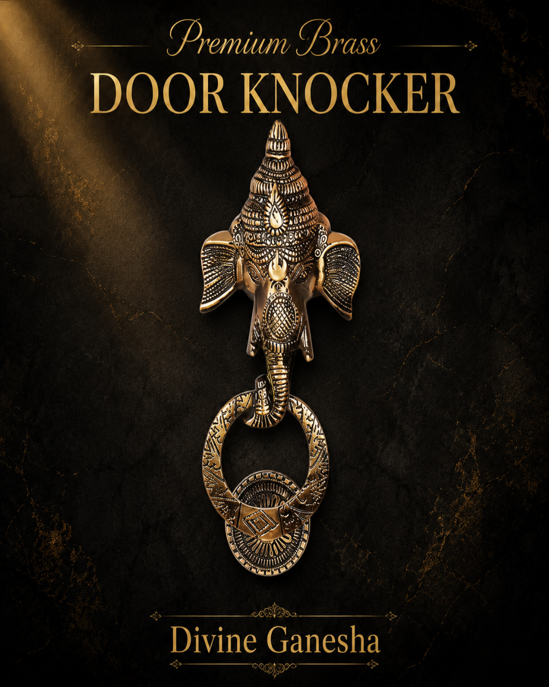 A premium brass door knocker shaped like the Hindu deity Ganesha, featuring an ornate elephant head with a ring handle below. The product is displayed against a dark textured background with gold text reading 'Premium Brass DOOR KNOCKER' and 'Divine Ganesha'.