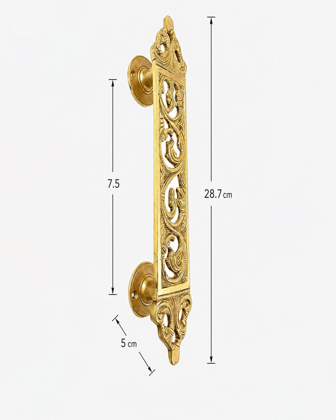 Decorative Brass door handle with dimensions.
