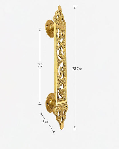 Decorative Brass door handle with dimensions.