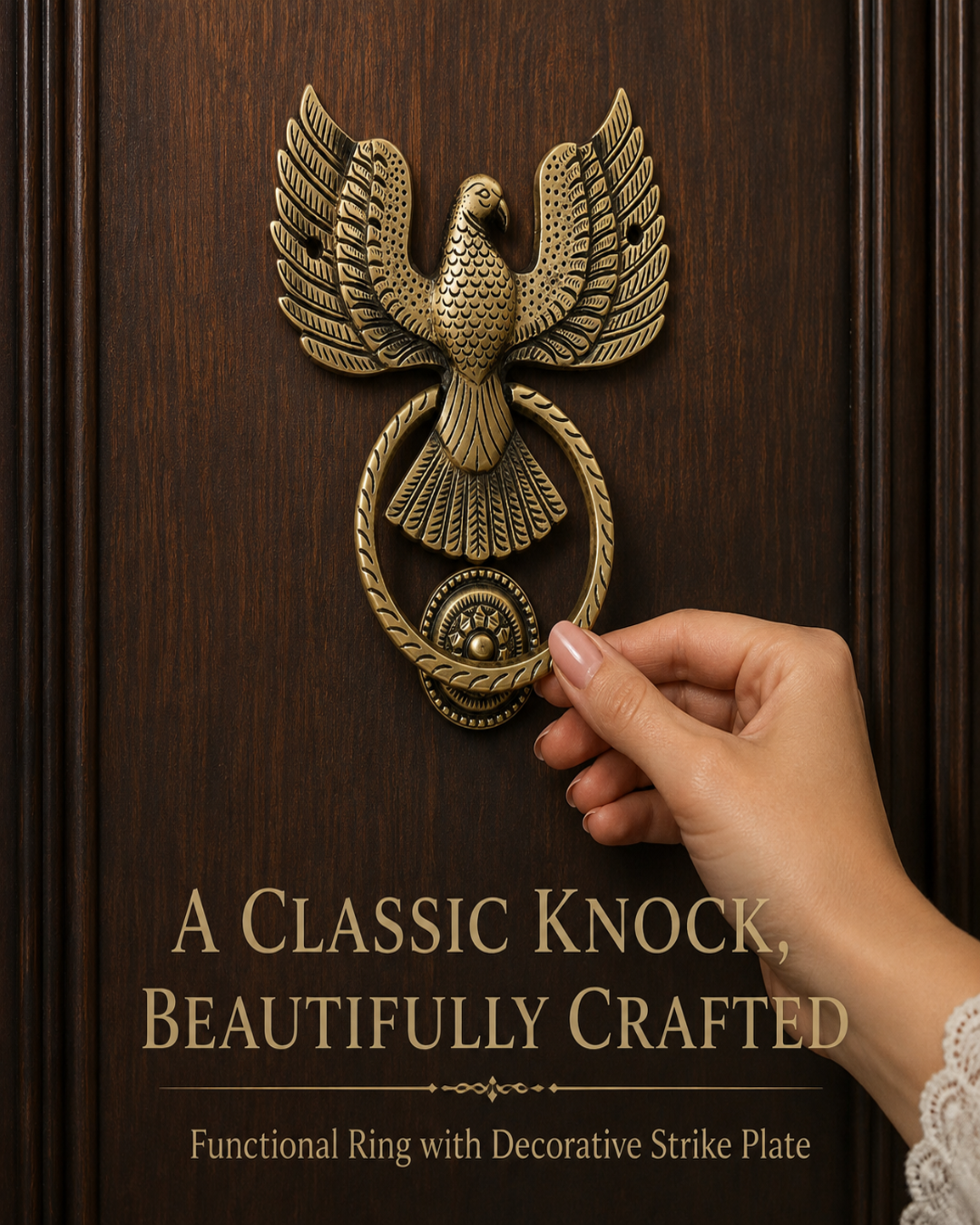 A hand with manicured nails gently touches a decorative brass door knocker shaped like an outstretched eagle above a circular ring. The knocker is mounted on a dark brown wood-paneled door.