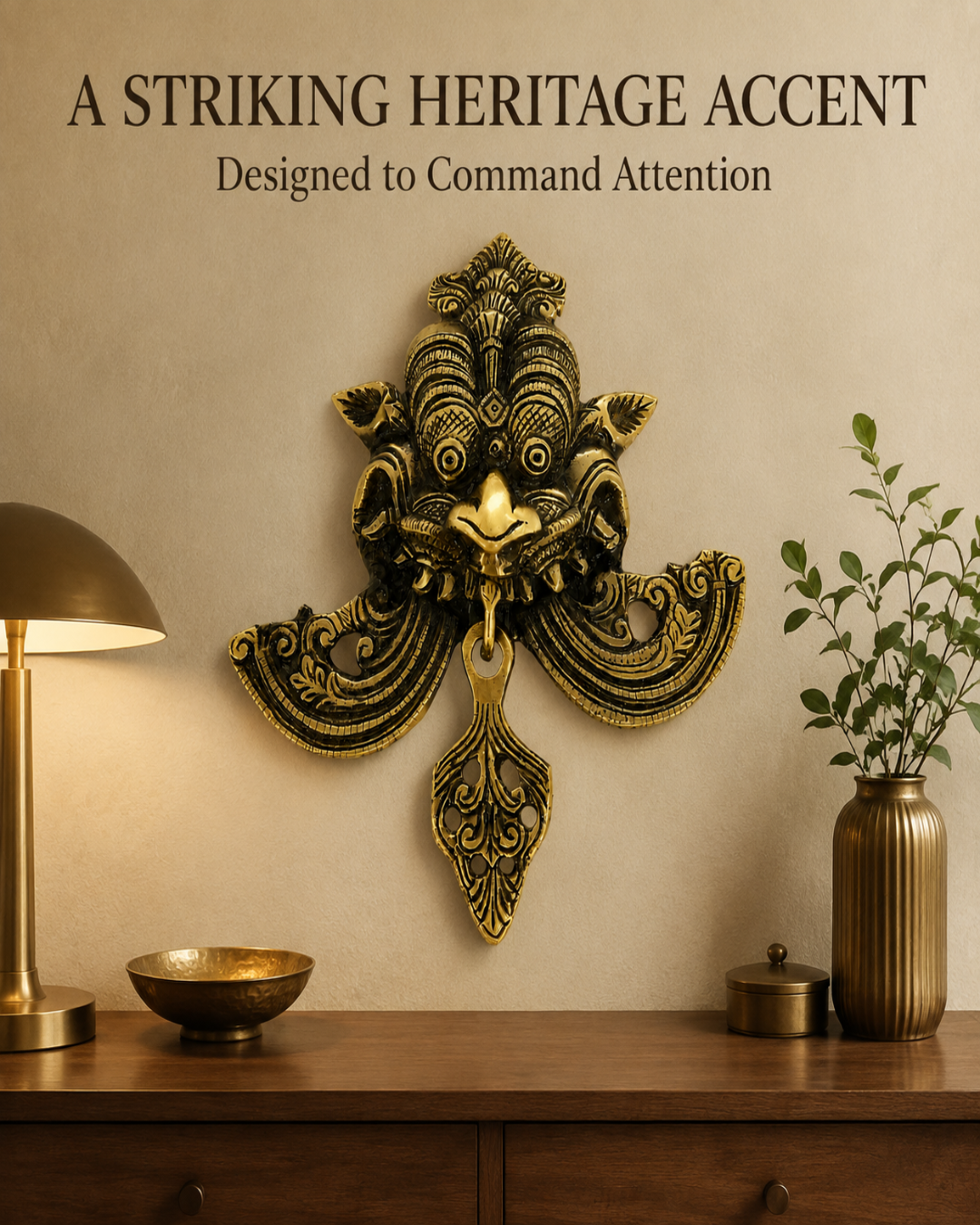 An ornate gold and black decorative wall piece mounted above a wooden console table, styled with a lit brass table lamp on the left and a potted green plant in a ribbed vase on the right. Text at the top reads 'A STRIKING HERITAGE ACCENT' and 'Designed to Command Attention'.