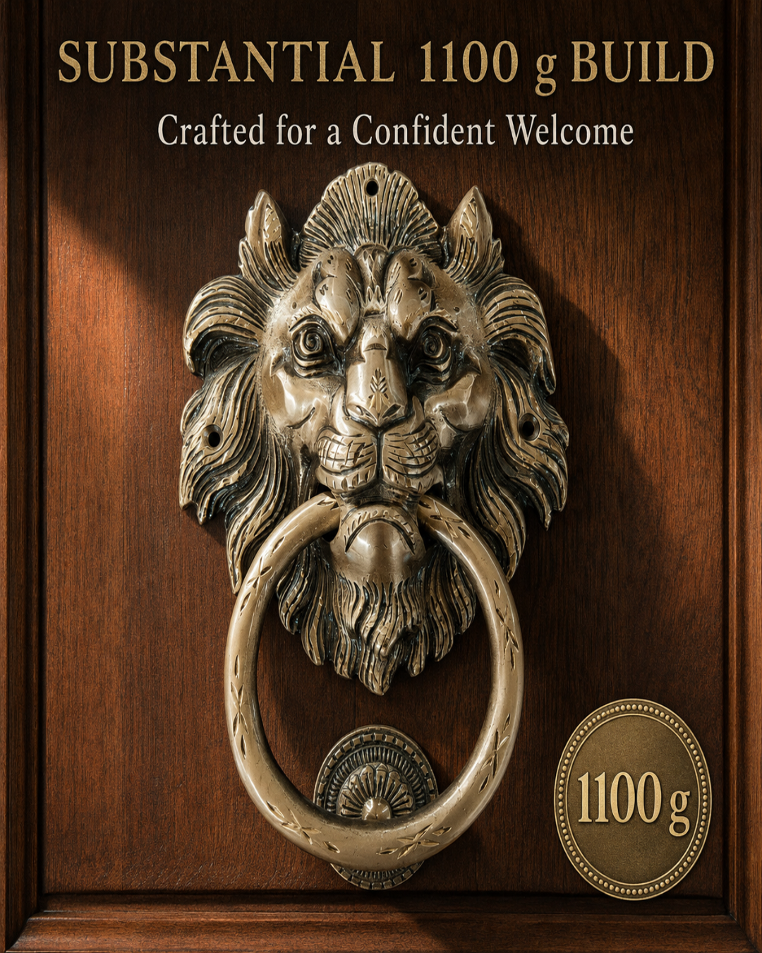 Decorative lion door knocker with weight.