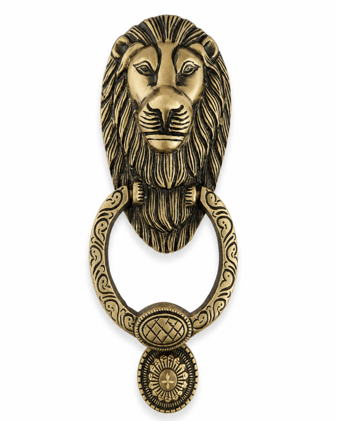 An antique bronze lion head door knocker with an ornate ring and decorative medallion, shown against a plain white background.