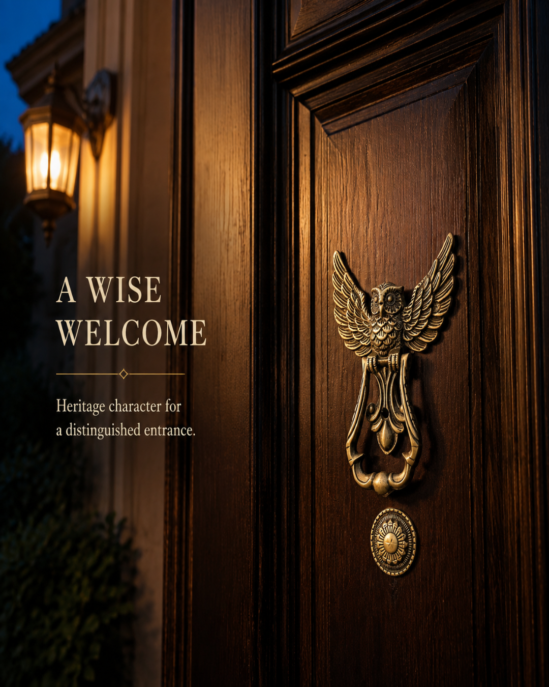 An ornate bronze eagle door knocker and matching doormat are mounted on a dark wood front door at dusk, with a warm wall lantern glowing in the background. Text on the left reads, 'A WISE WELCOME' and 'Heritage character for a distinguished entrance.