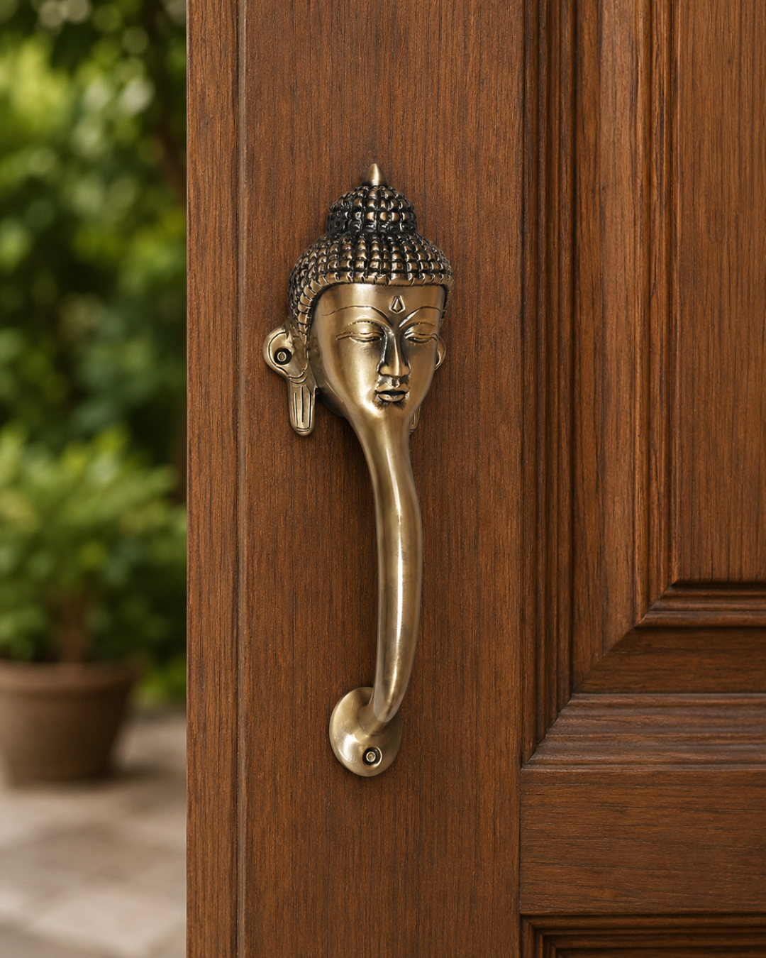 Brass door handle shaped like a Buddha head on a wooden door.