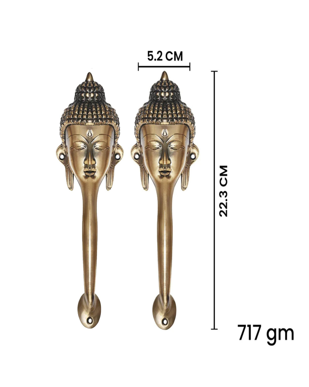 Buddha door handles with measurements on a white background.