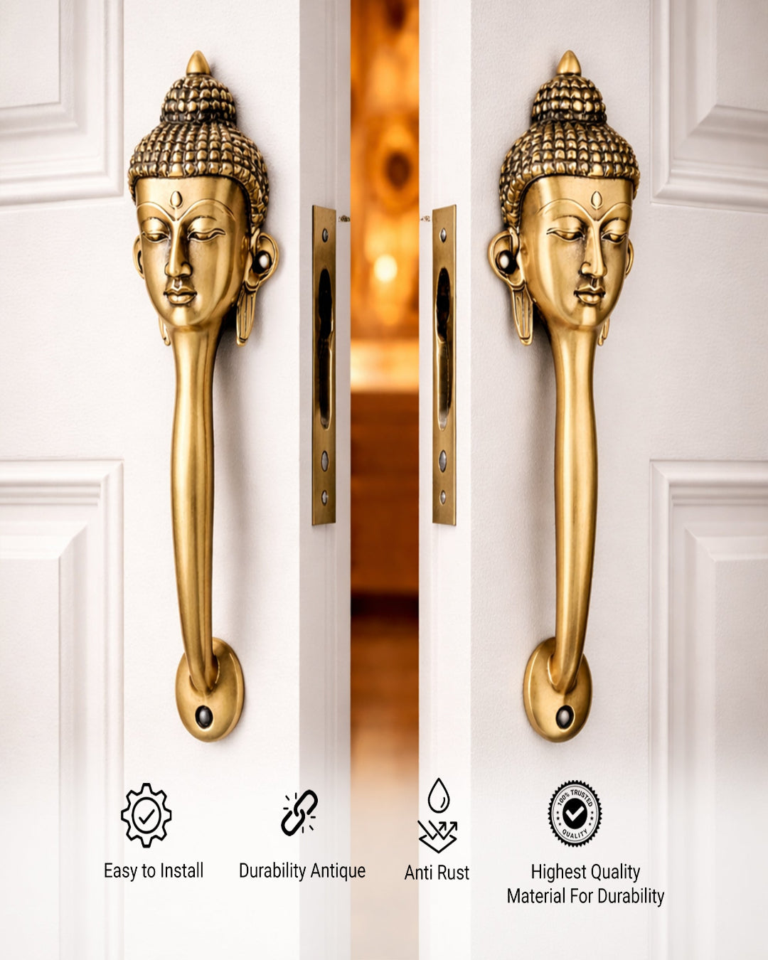 Budha face brass door handle with features.