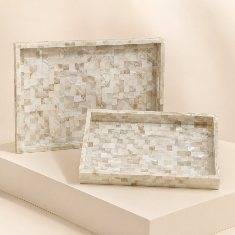 Handcrafted Mother of Pearl Inlay Serving Tray Set 2 – Luxury Rectangular Mosaic Shell Vanity & Coffee Table Decor Trays