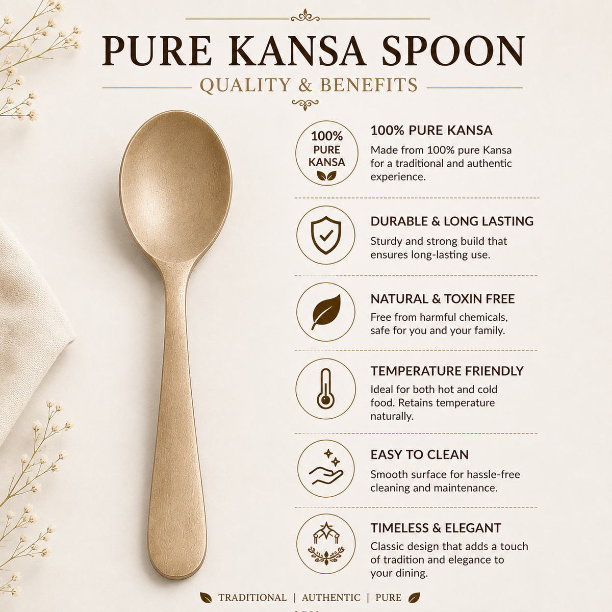 Handmade 100% Pure Kansa Spoon  | Natural Matte Finish | Traditional Bronze Dining Spoon