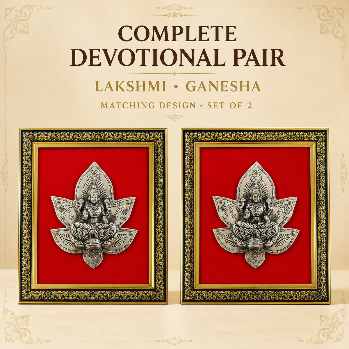 Antique Pure Brass Lakshmi Ganesha Wall Frame Set of 2  | The Indian Aura