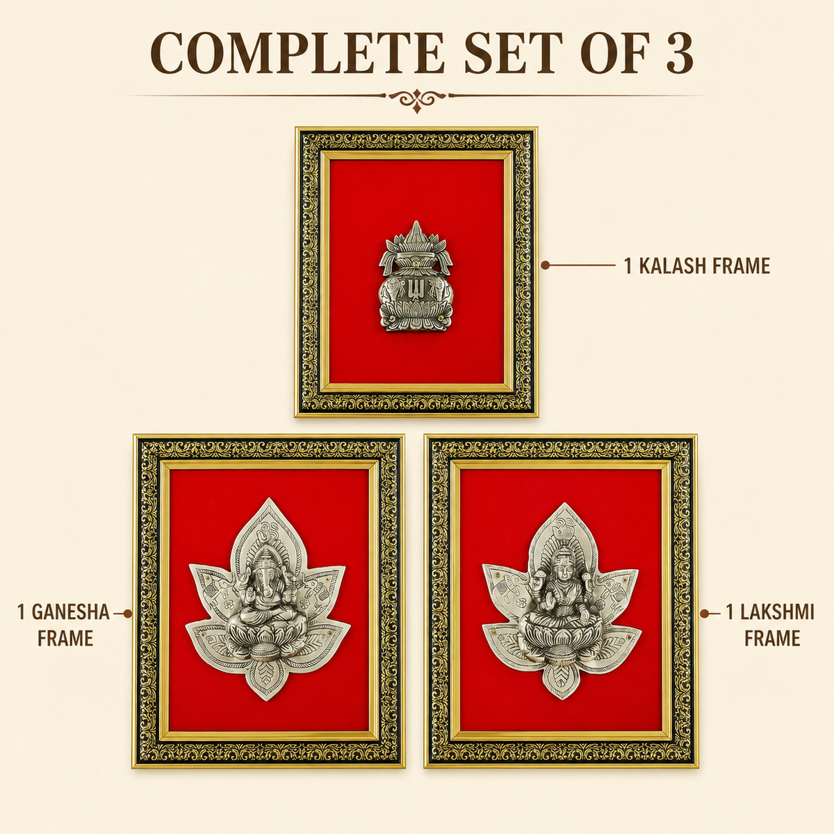 Pure Brass Ganesha Lakshmi Kalash Decorative Wall Frame Set of 3 – Antique Finish | The Indian Aura