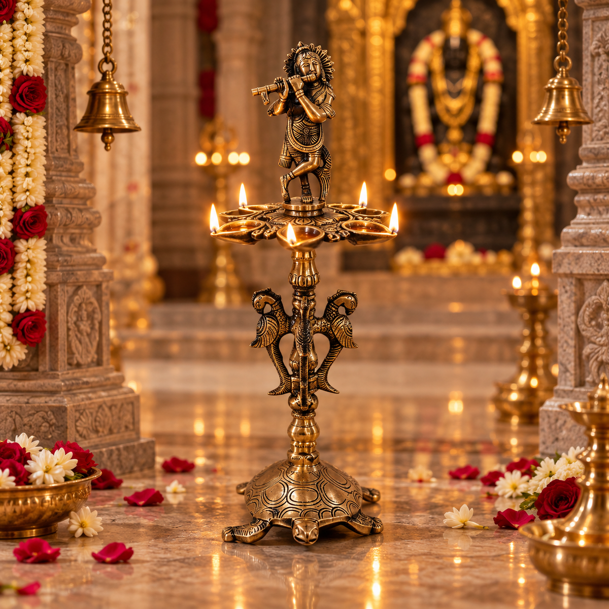 Brass Krishna Diya Stand with 7 Oil Holders – Antique Finish | The Indian Aura