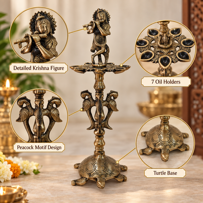 Brass Krishna Diya Stand with 7 Oil Holders – Antique Finish | The Indian Aura