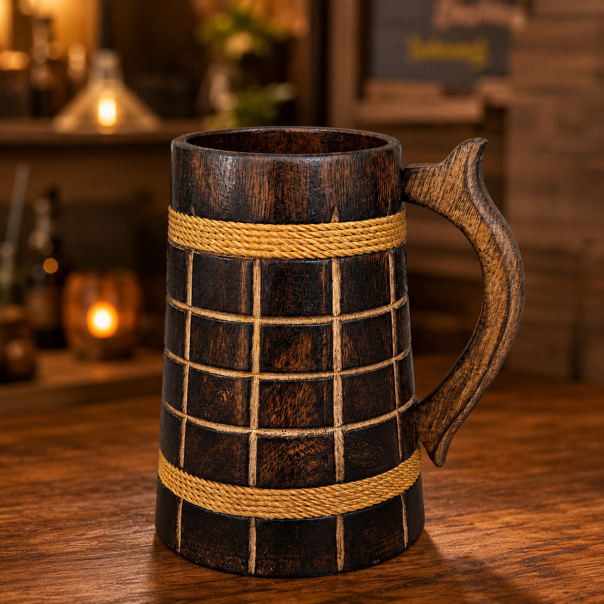 Handcrafted Wooden Beer Mug | Rustic Brown Wooden Tankard with Grid Design | Vintage Wooden Coffee Mug for Beer, Tea, Coffee & Juice