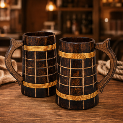 Handcrafted Wooden Beer Mug | Rustic Brown Wooden Tankard with Grid Design | Vintage Wooden Coffee Mug for Beer, Tea, Coffee & Juice