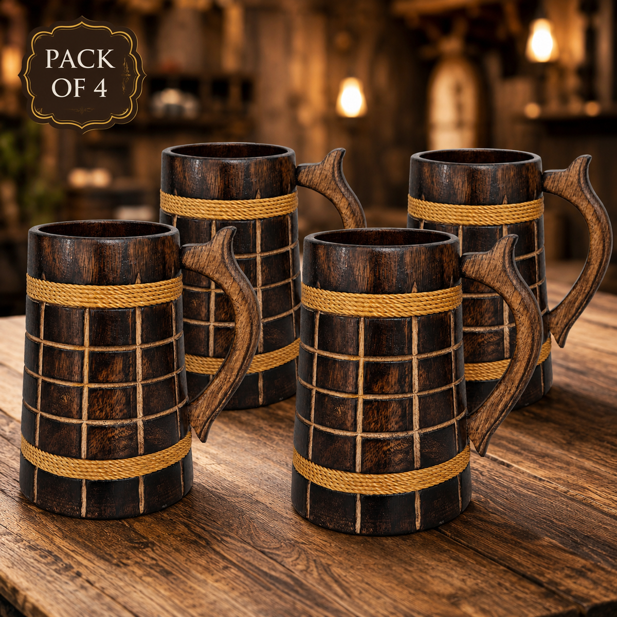 Handcrafted Wooden Beer Mug | Rustic Brown Wooden Tankard with Grid Design | Vintage Wooden Coffee Mug for Beer, Tea, Coffee & Juice