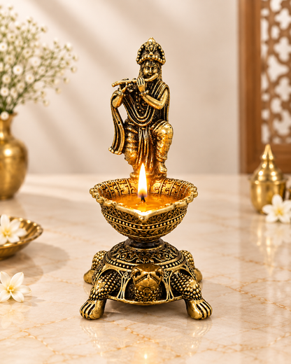 Brass Diya Oil Lamp with Turtle Base for Pooja Room, Mandir, Home Temple Décor & Spiritual Gift,Krishna Flute Player