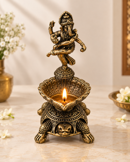 Pure Brass Dancing Ganesha Diya Oil Lamp Holder | Antique Gold Finish, Diya, Vastu Show piece, Puja Room Decor