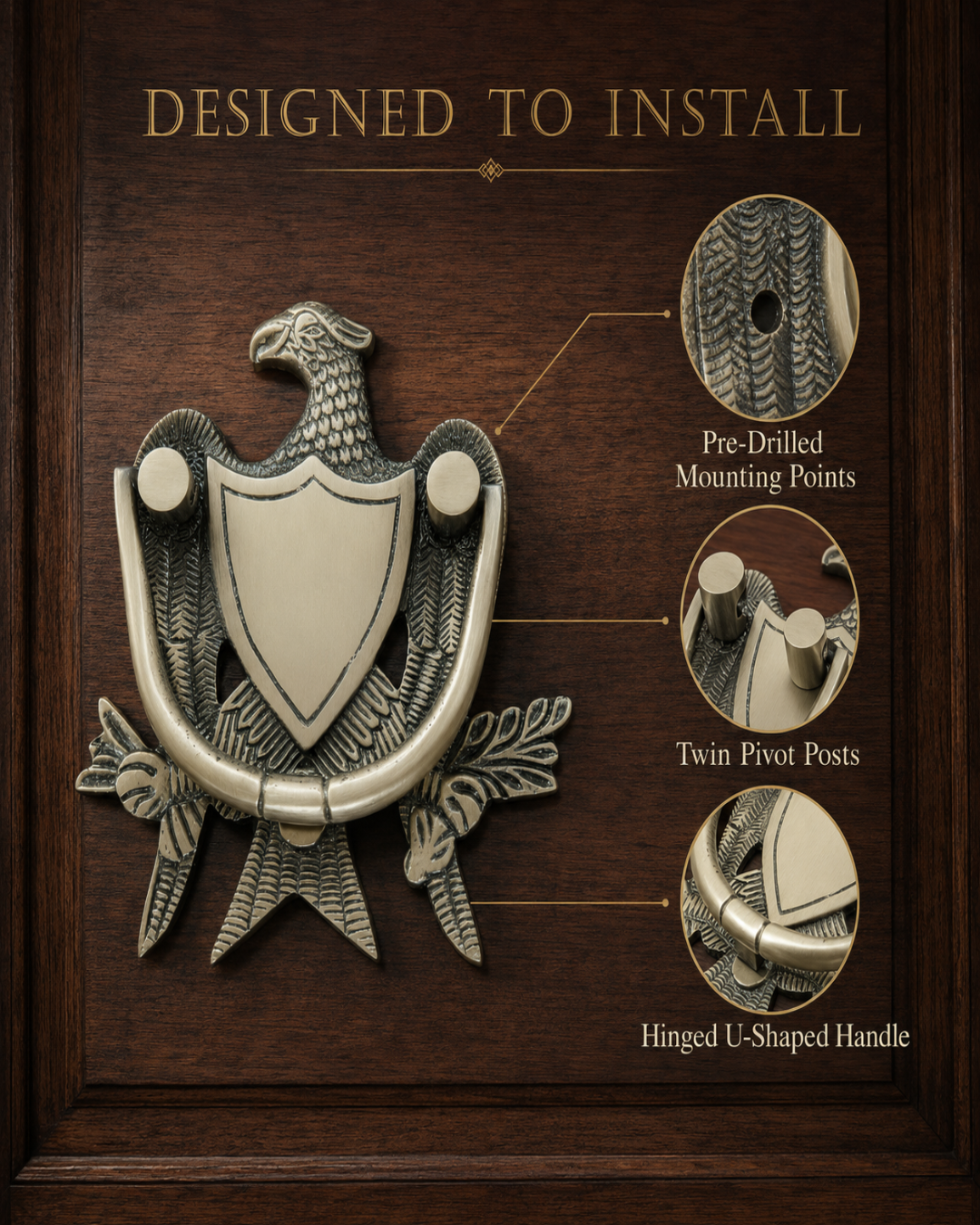 Eagle crest hinged U-shaped door knocker in an antique silver finish, mounted on a dark wood panel with feature callouts and the text 'DESIGNED TO INSTALL'.