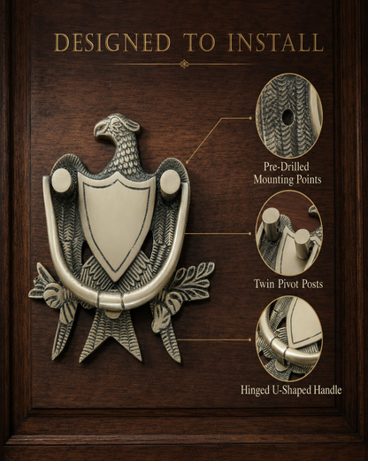 Eagle crest hinged U-shaped door knocker in an antique silver finish, mounted on a dark wood panel with feature callouts and the text 'DESIGNED TO INSTALL'.