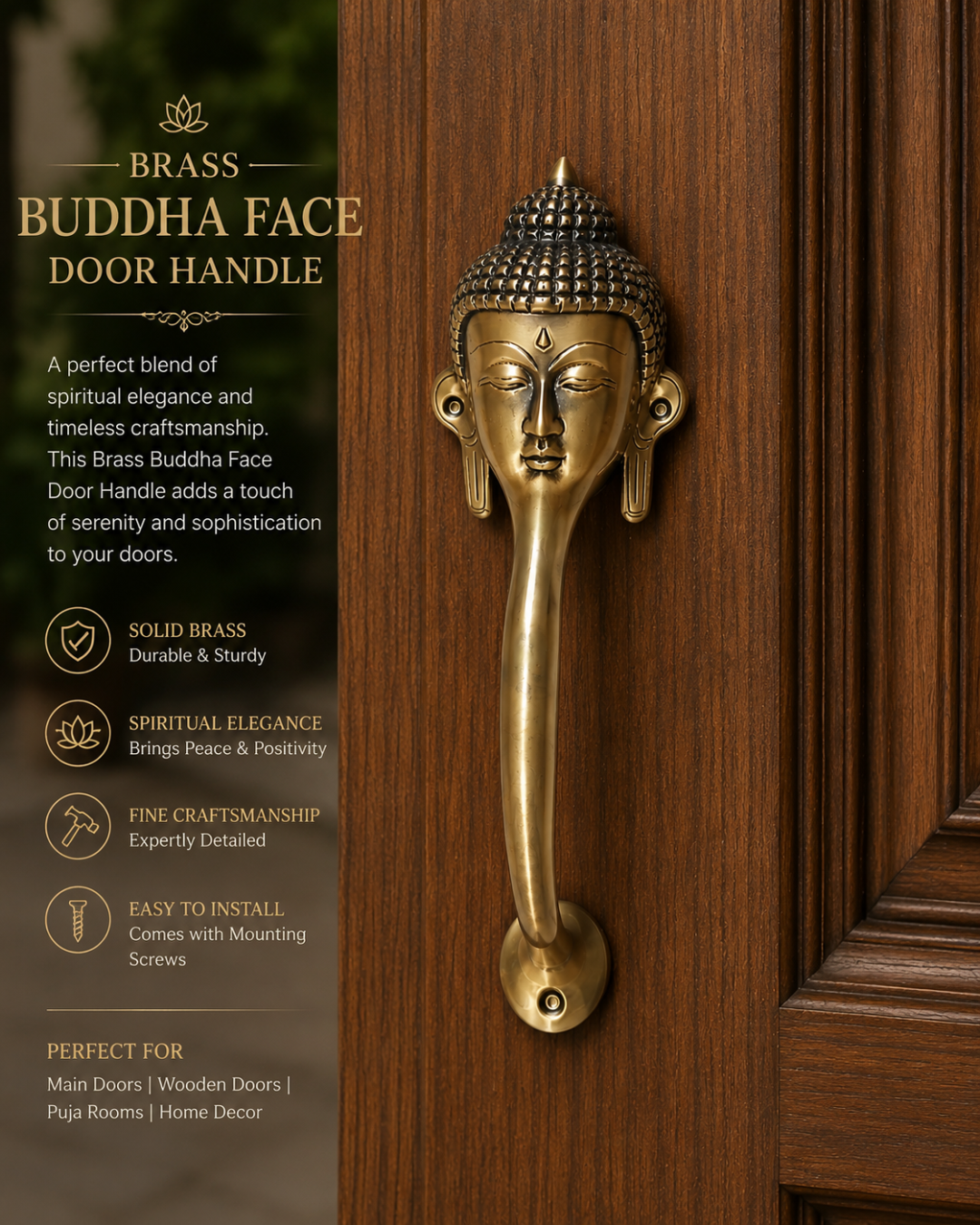 Brass Buddha face door handle on a wooden door with product description.