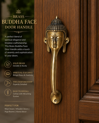 Brass Buddha face door handle on a wooden door with product description.