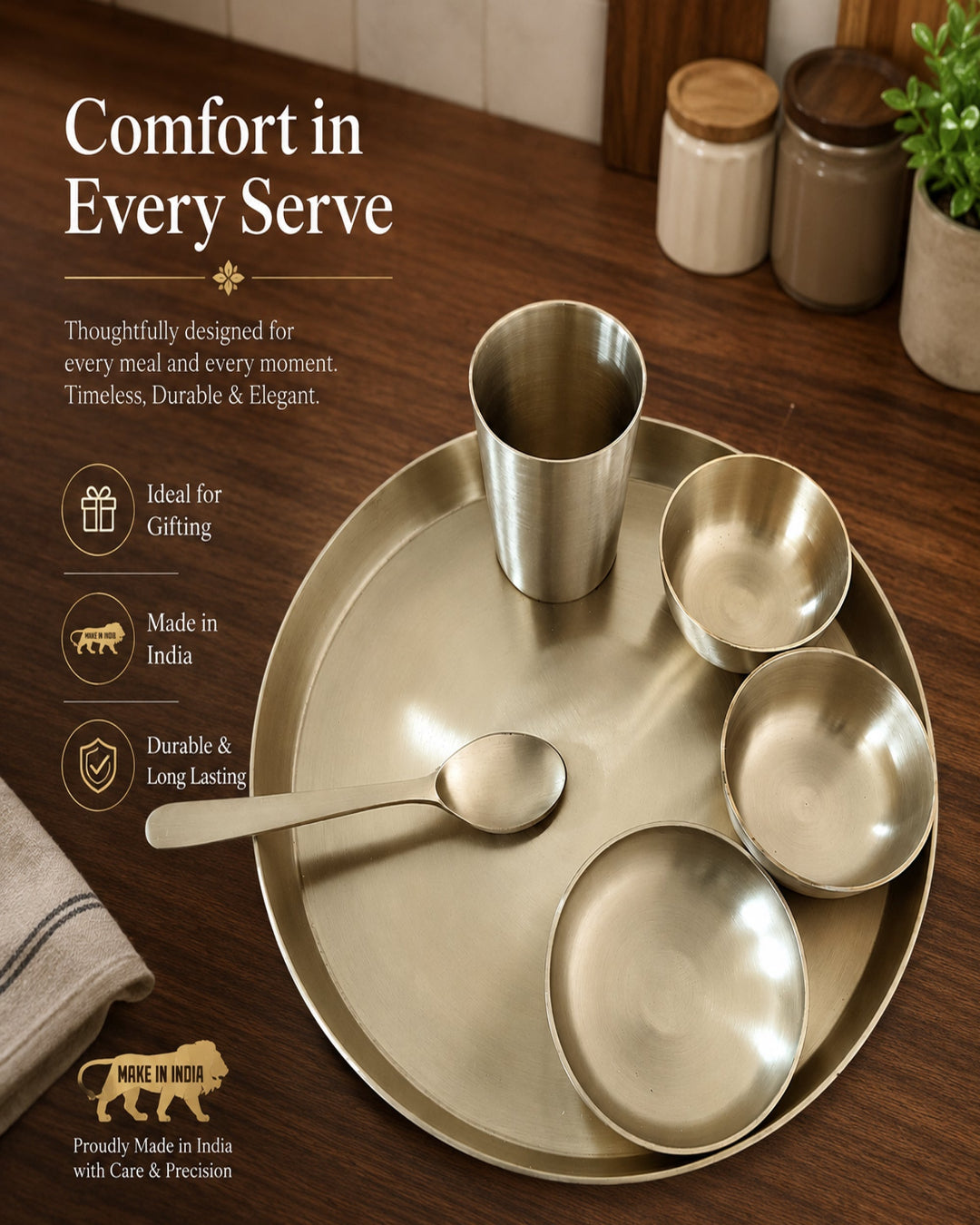 Set of metallic diningware including plates, bowls, and a cup on a wooden surface with text about product features.