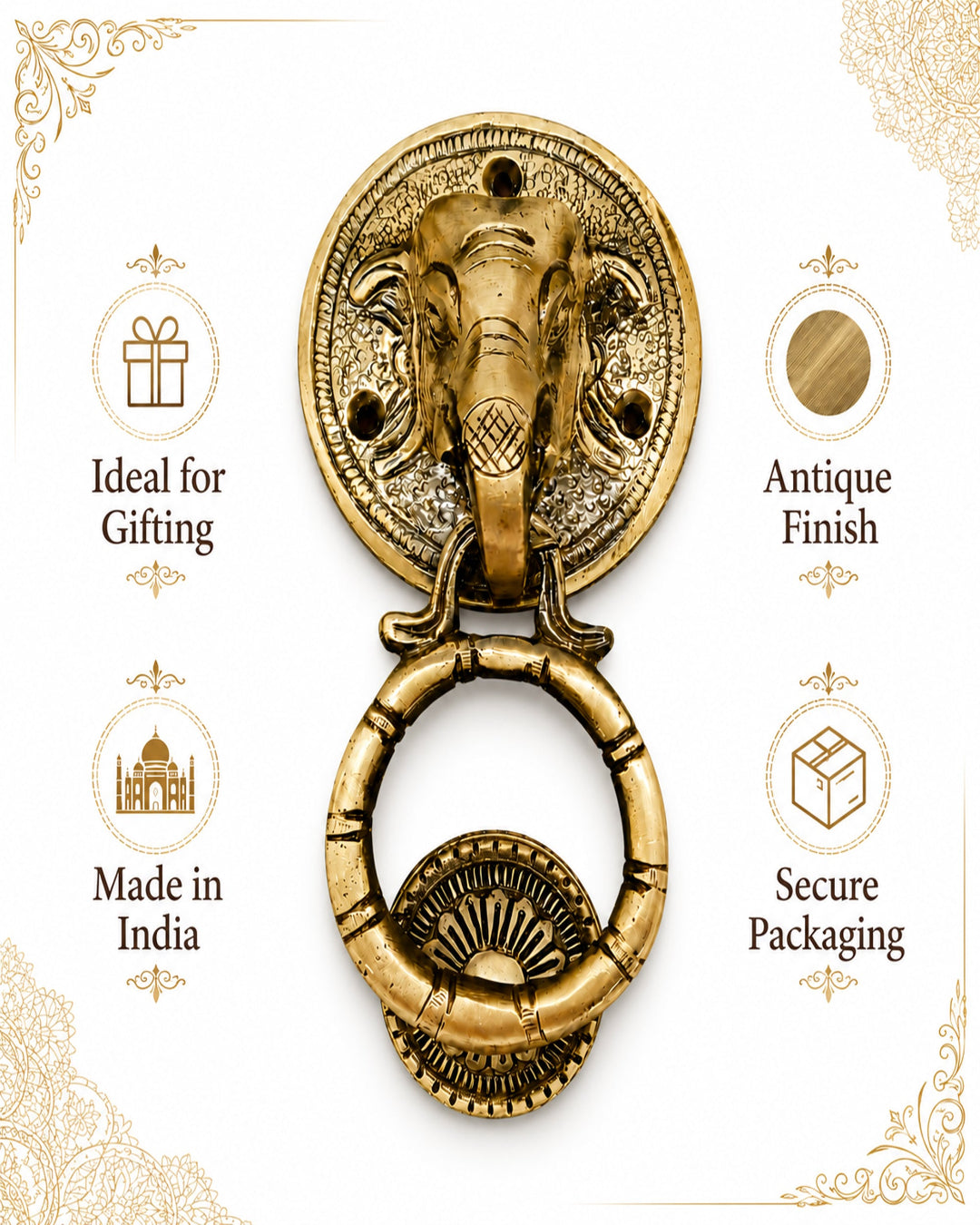 An antique-style brass elephant head door knocker with a hanging ring, presented on a white background with decorative gold corner flourishes and text callouts reading 'Ideal for Gifting,' 'Antique Finish,' 'Made in India,' and 'Secure Packaging.'.