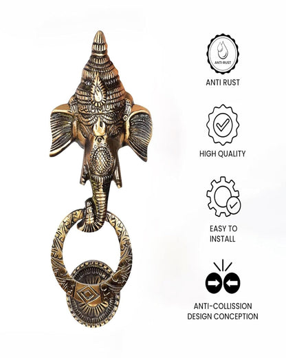 Decorative elephant head door knocker with quality assurance icons on a white background