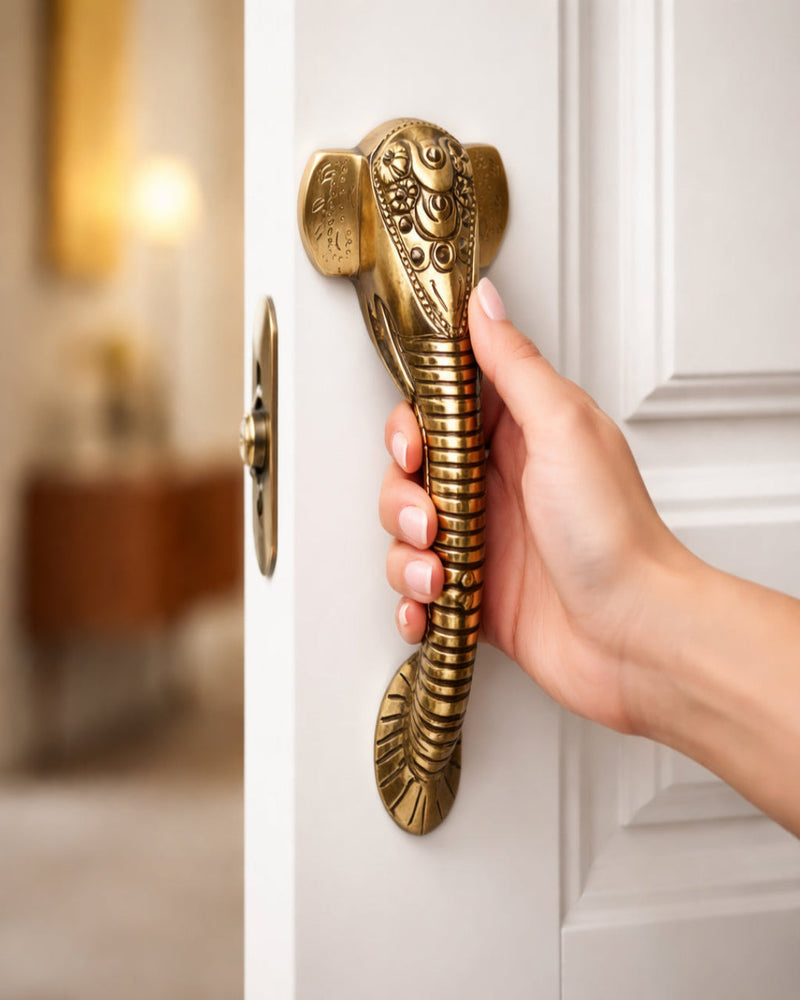 Ganesha Brass Door Handle with Golden Crown - Antique Dhanvantri Design