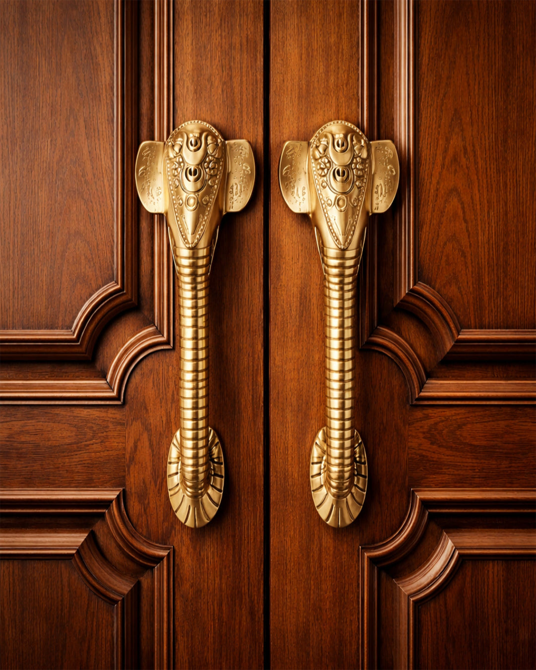 Decorative golden handles on a wooden door.