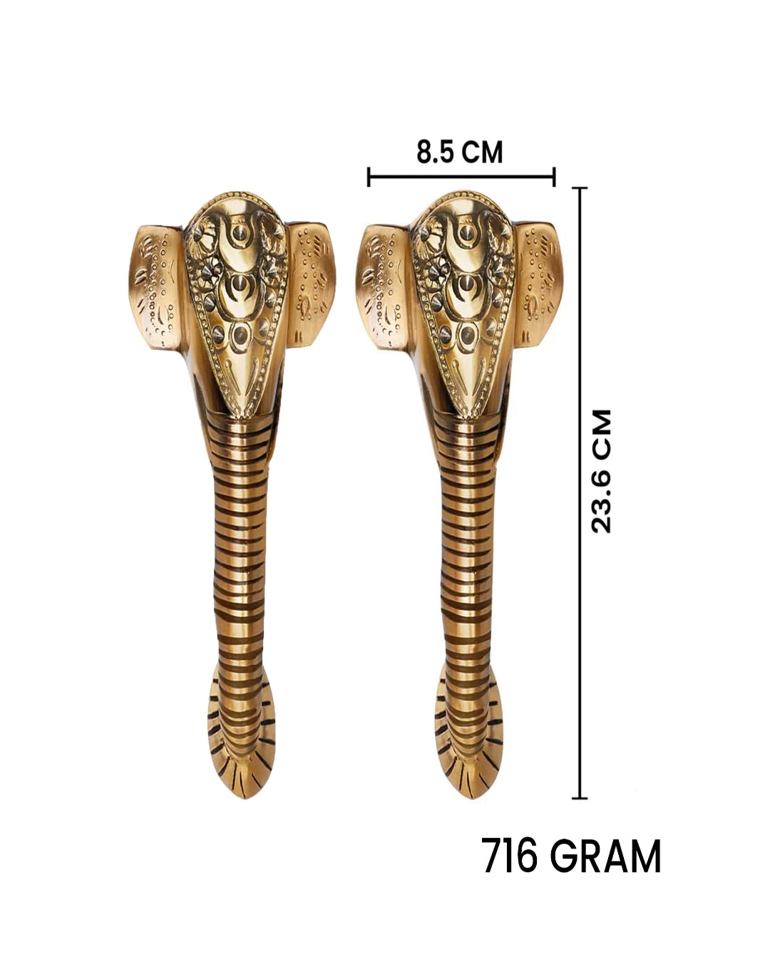 Two gold elephant head sculptures with measurements and weight displayed on a white background.