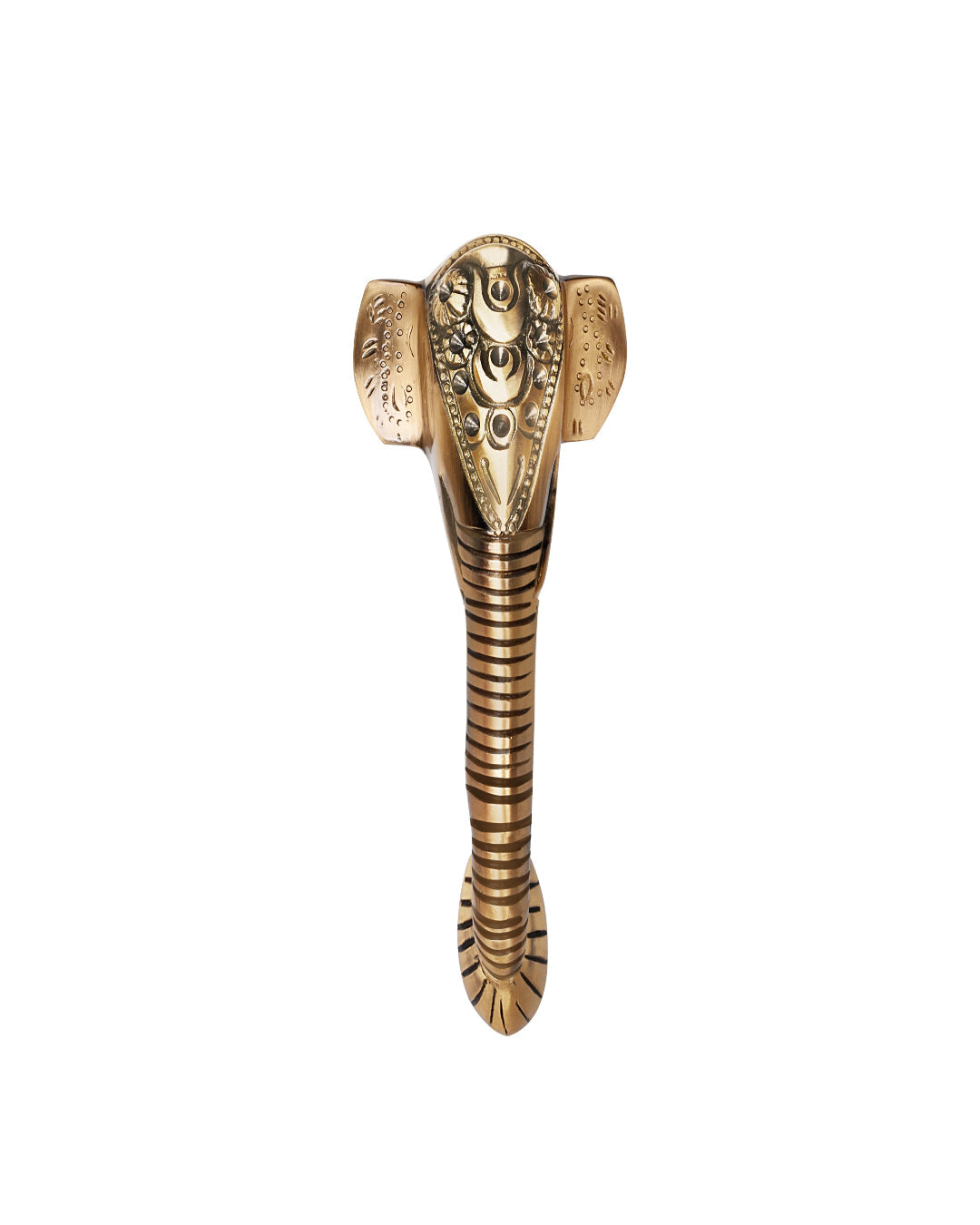 A brass door handle on a white background.