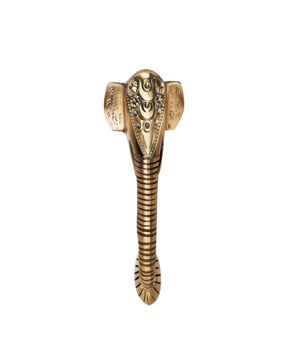 A brass door handle on a white background.