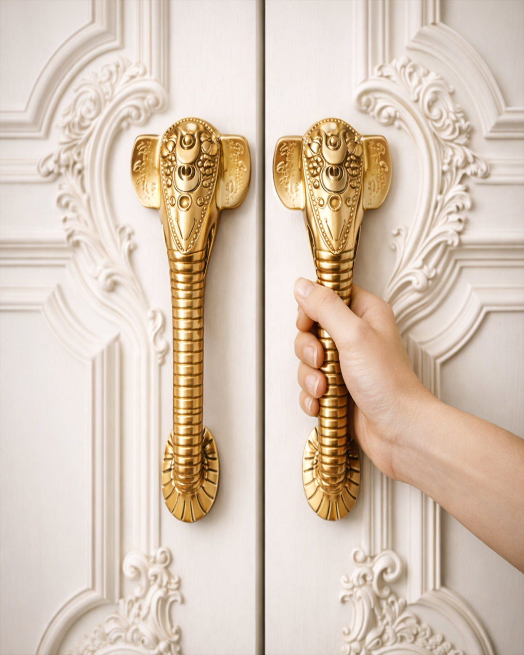 Decorative Golden handles on a white door with a hand reaching to open it.