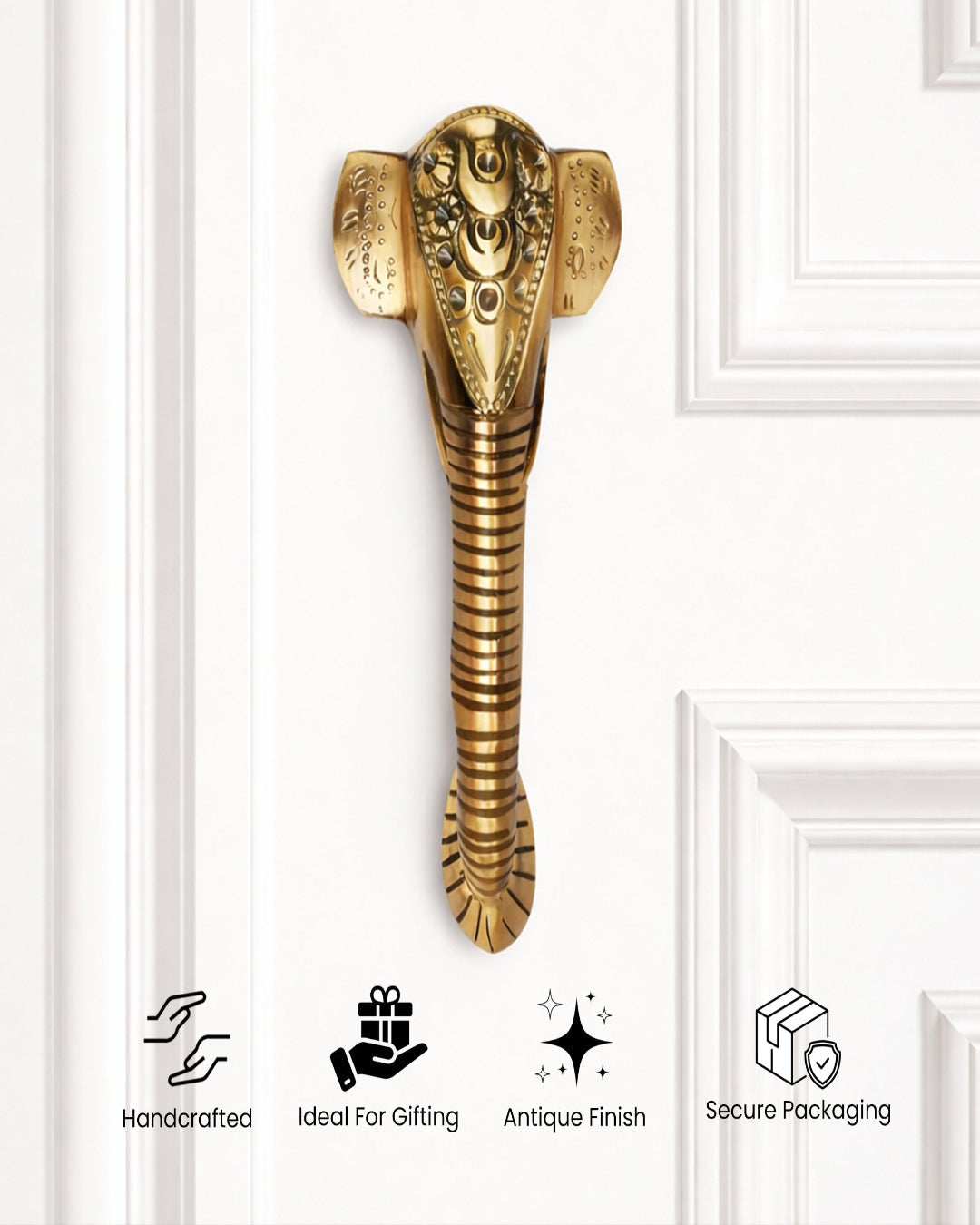 Decorative brass elephant head on a white door with product features listed.