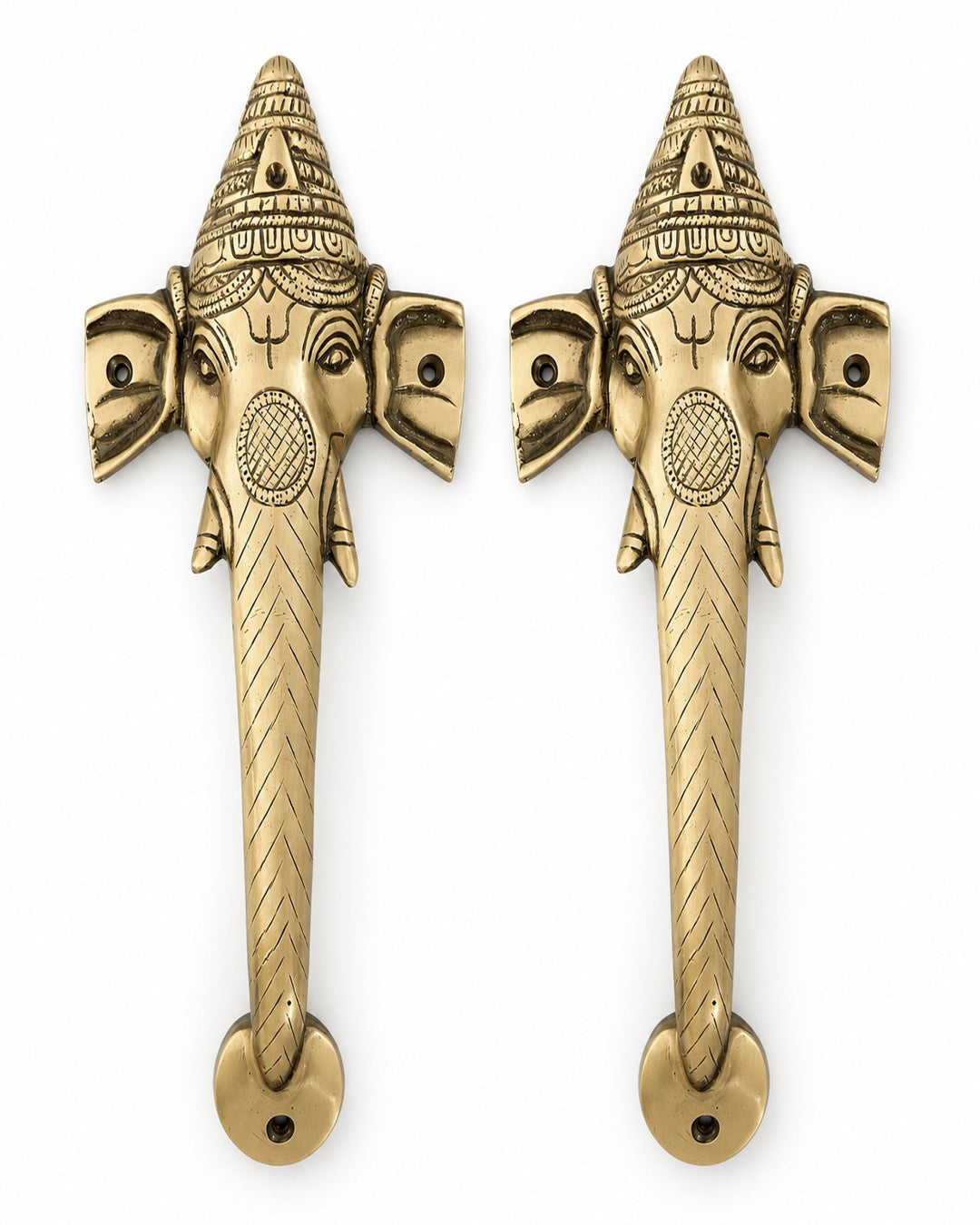 Two ganesha brass door handles on a white background.