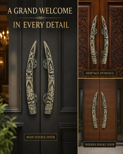 Decorative double-door handle set shown installed on dark and medium brown wooden doors, with inset close-ups and the text 'A GRAND WELCOME IN EVERY DETAIL', 'MAIN DOUBLE DOOR', 'HERITAGE ENTRANCE', and 'WOODEN DOUBLE DOOR'.
