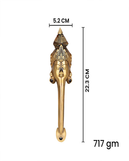 Decorative brass door handle with measurements on a white background.