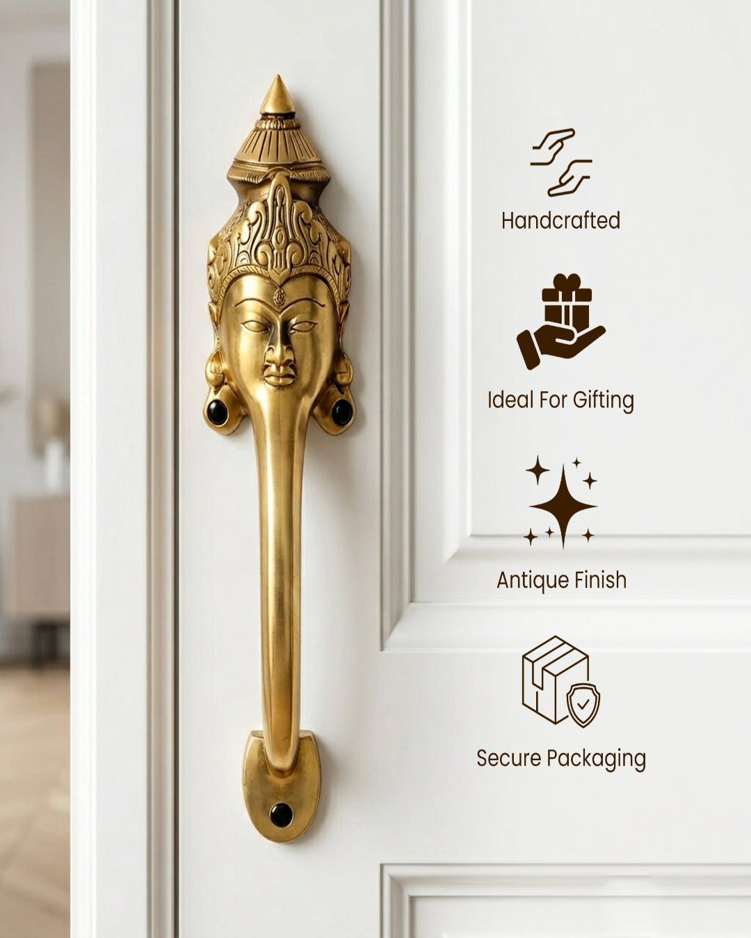 Decorative Goddess Gold door handle on a white door with product features listed.