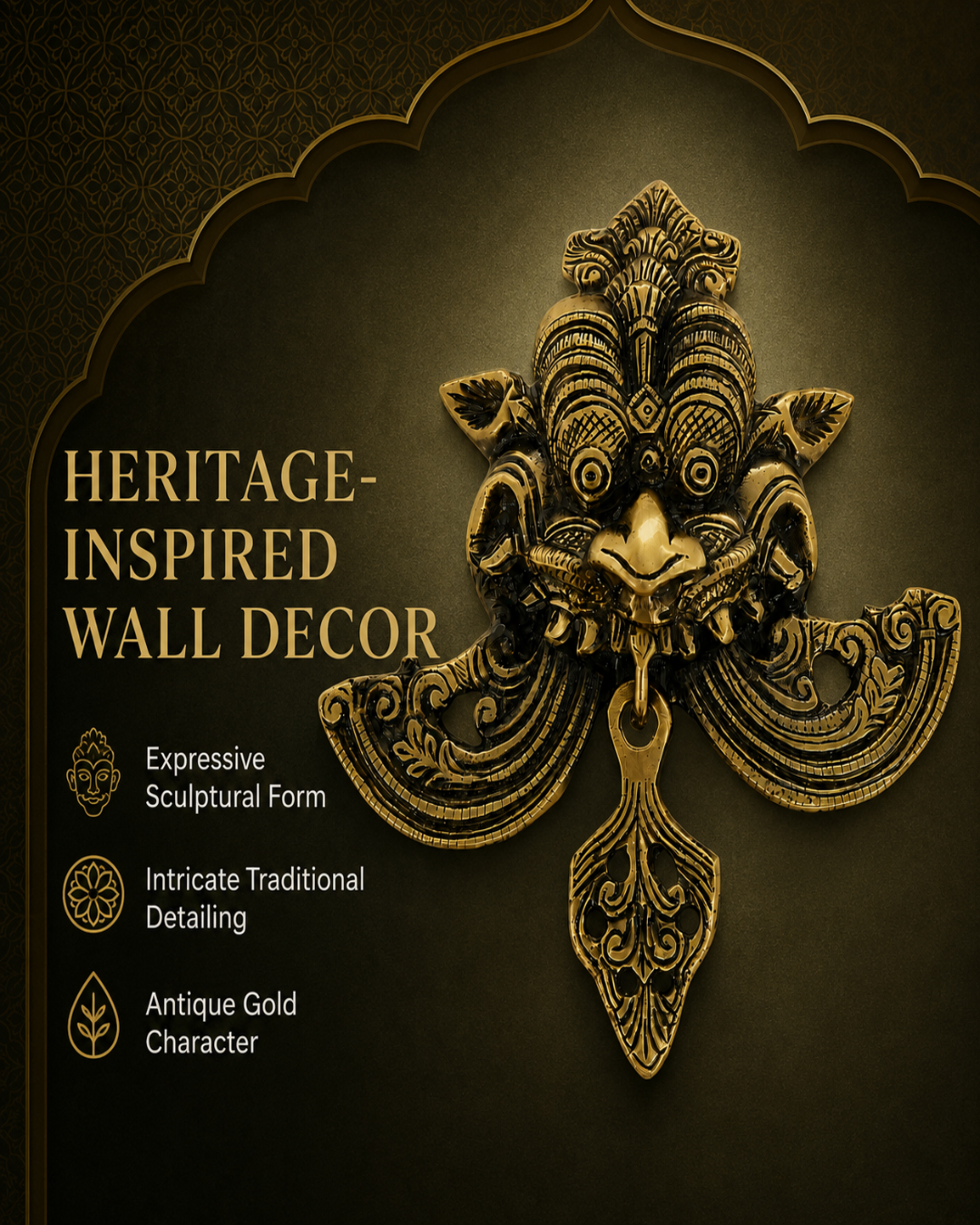 An ornate antique gold wall decor piece with a traditional sculptural design, shown against a dark textured background with decorative arch framing and text describing the product features.