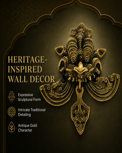 An ornate antique gold wall decor piece with a traditional sculptural design, shown against a dark textured background with decorative arch framing and text describing the product features.