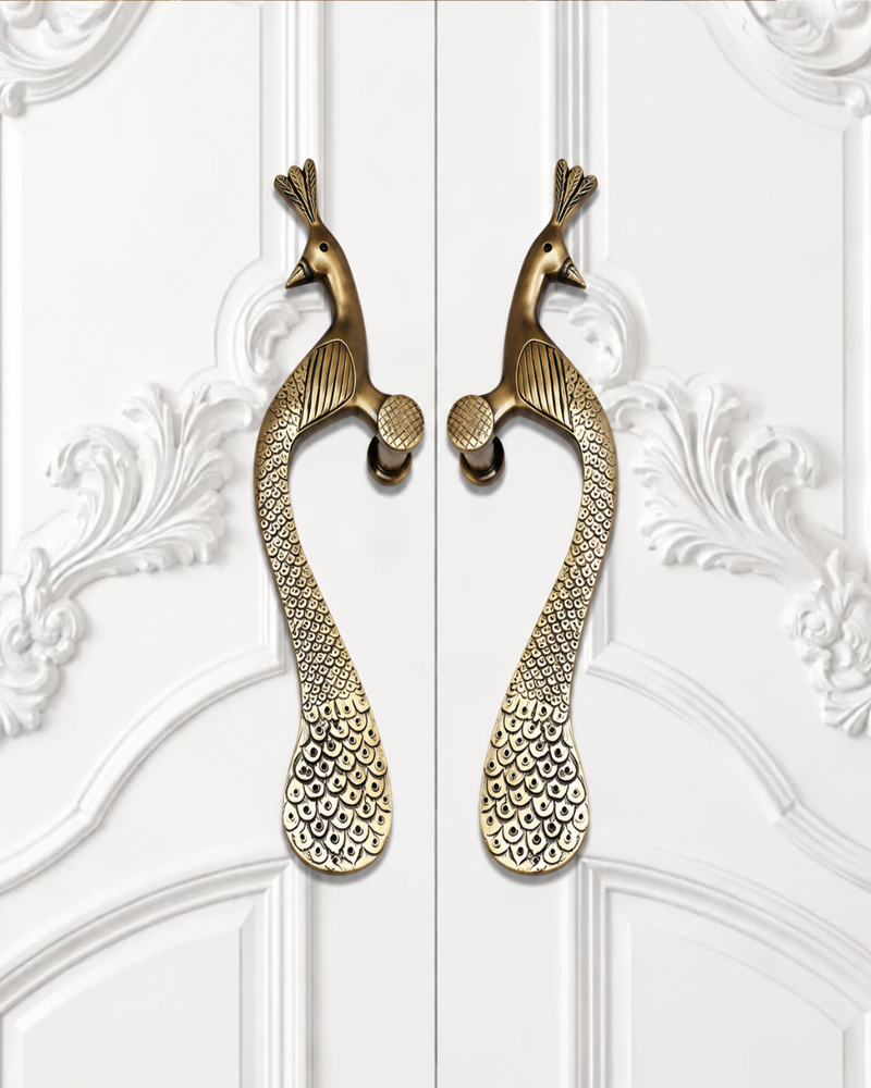 Handcrafted Brass Door Handle – Elegant Peacock Design (Left Turned)