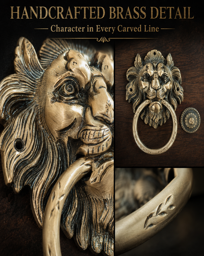 Handcrafted brass lion head door knocker with a ring pull, shown in close-up detail views on a dark wood background with promotional text at the top.