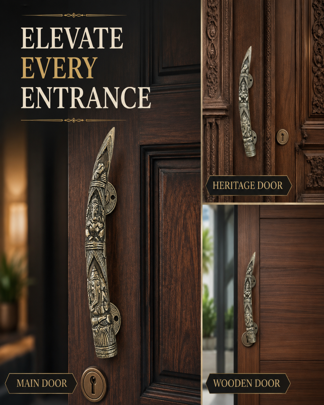 Decorative brass-toned door handle with an intricate carved figure design, shown mounted on dark wooden doors with text labels reading 'ELEVATE EVERY ENTRANCE', 'MAIN DOOR', 'HERITAGE DOOR', and 'WOODEN DOOR'.