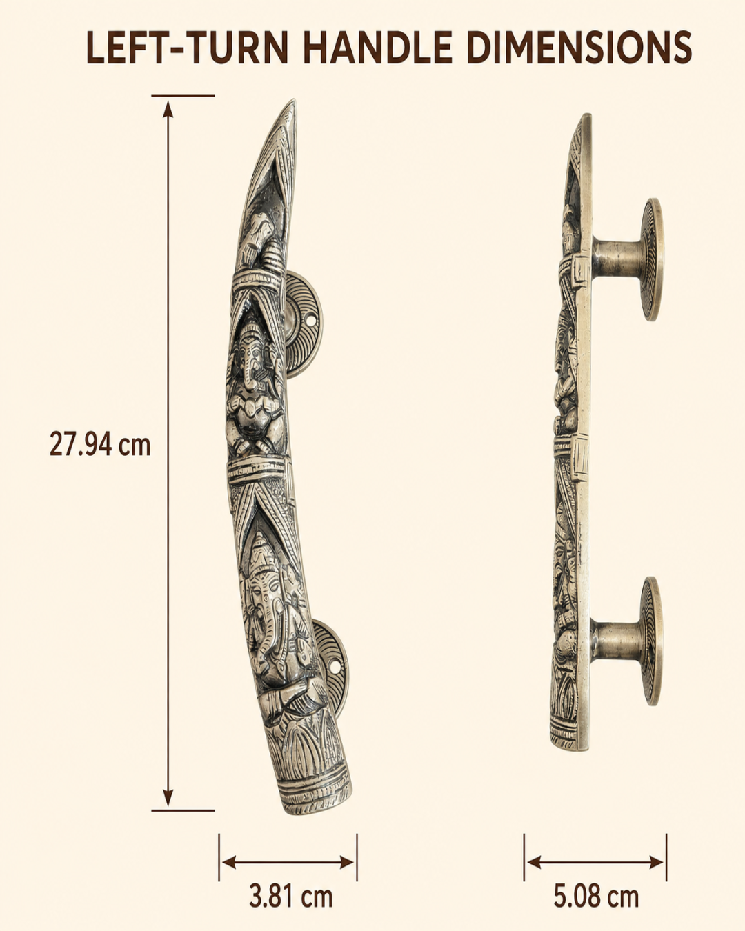 A dimension diagram showing a carved metal left-turn handle from two angles, with measurements labeled 27.94 cm in height, 3.