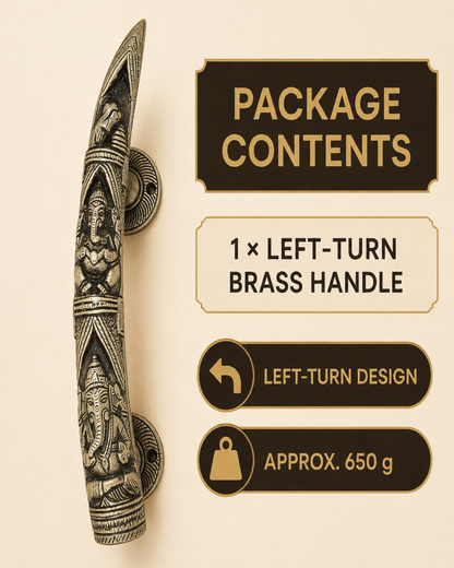 An left-turn brass handle with detailed carvings of Hindu deities, shown next to text overlays detailing package contents, left-turn design, and weight.